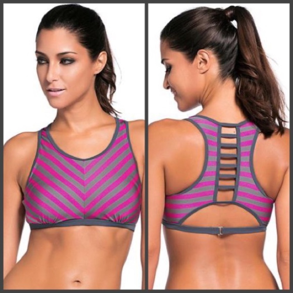 Rose and Gray Striped Sports Bra / Swim Top